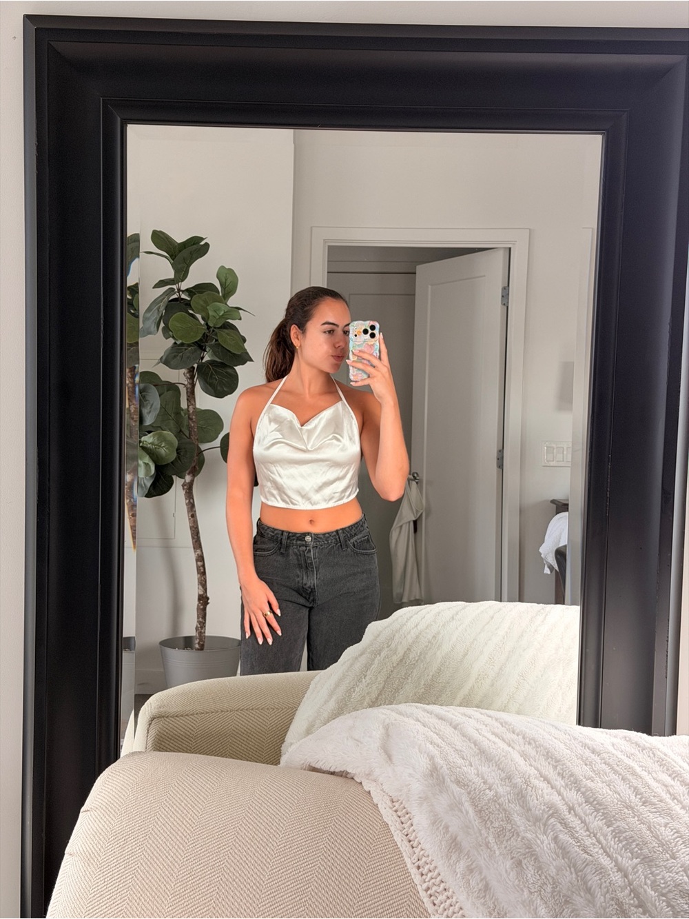 White Satin Cowl Neck Crop Top